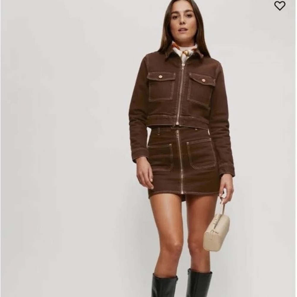 Reformation Anna Patch Pocket denim mini skirt and jacket set